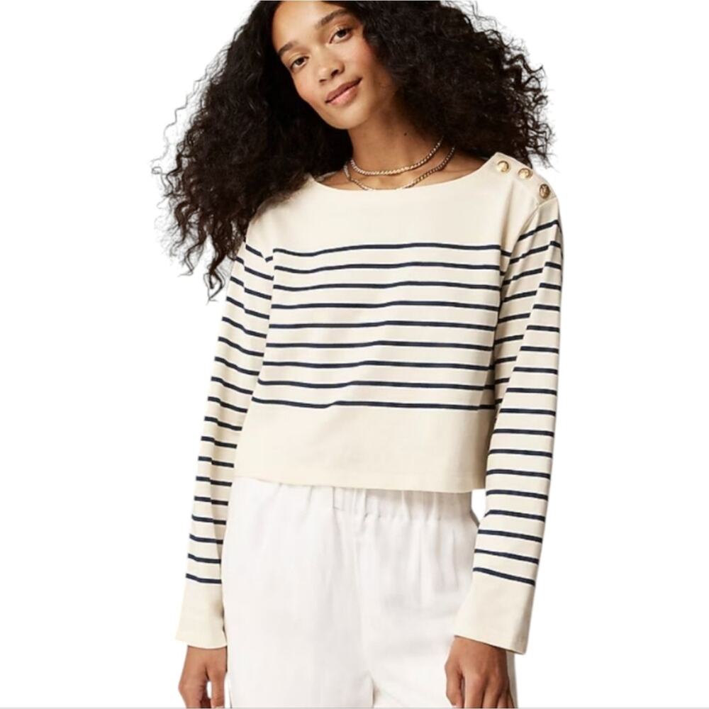 J. Crew Striped Boat Neck Long Sleeve Shirt Gold Button Detail Women's 2X